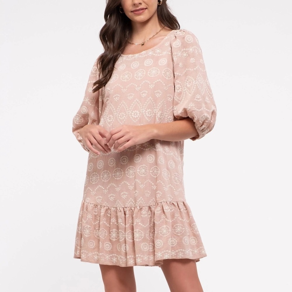 BLU PEPPER Soft Pink Embroidered Eyelet Mini Dress Small Coquette Cottagecore